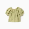 Cotton top in broderie anglaise with balloon sleeves for baby girls, green