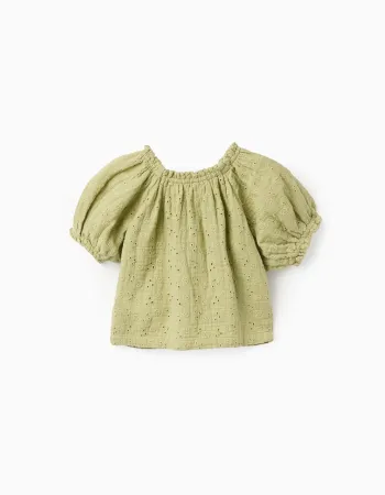 Cotton top in broderie anglaise with balloon sleeves for baby girls, green