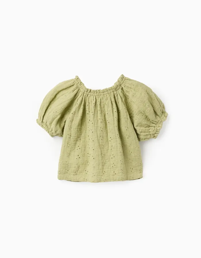 Cotton top in broderie anglaise with balloon sleeves for baby girls, green
