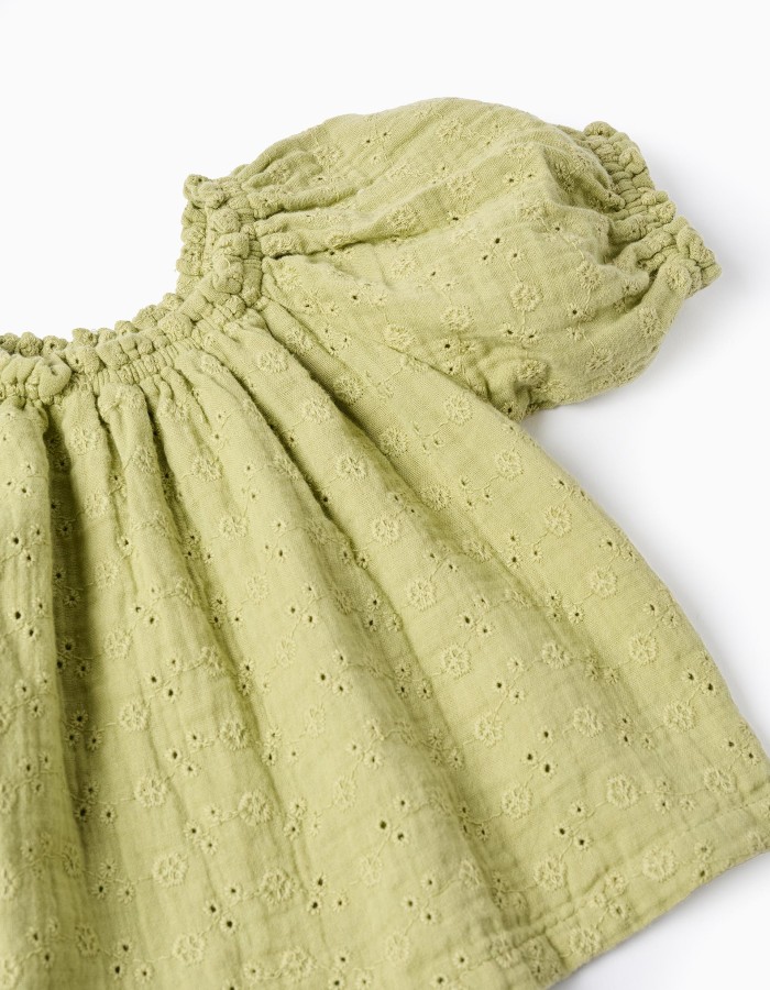 Cotton top in broderie anglaise with balloon sleeves for baby girls, green