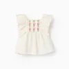 Top with ruffled sleeves and embroidery for baby girls, light beige