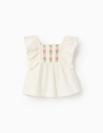 Top with ruffled sleeves and embroidery for baby girls, light beige