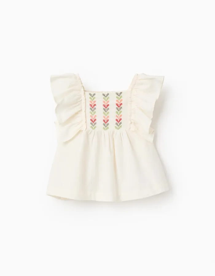 Top with ruffled sleeves and embroidery for baby girls, light beige