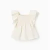 Top with ruffled sleeves and embroidery for baby girls, light beige