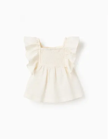 Top with ruffled sleeves and embroidery for baby girls, light beige