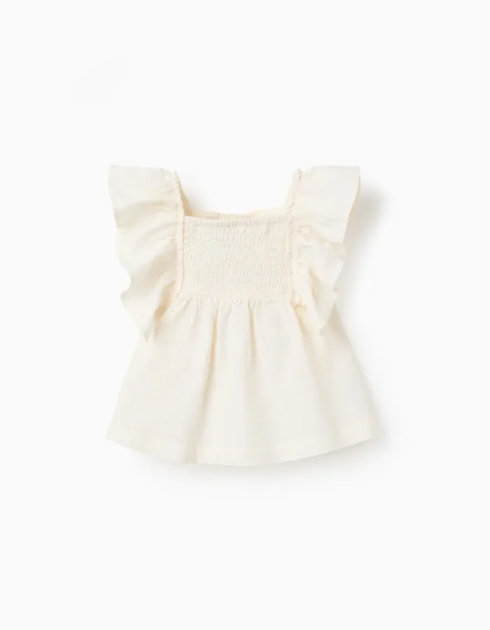 Top with ruffled sleeves and embroidery for baby girls, light beige