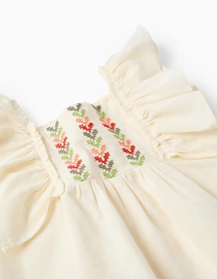 Top with ruffled sleeves and embroidery for baby girls, light beige