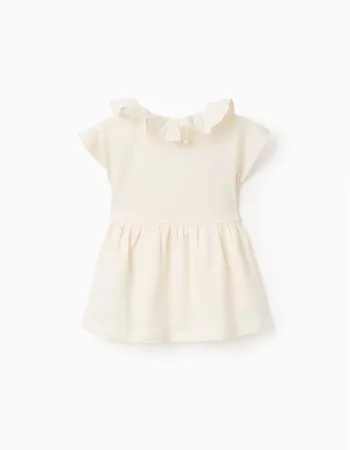 Cotton T-shirt with ruffled collar for baby girls, light beige