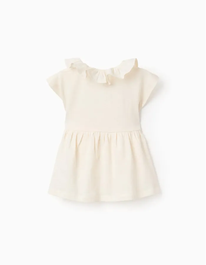 Cotton T-shirt with ruffled collar for baby girls, light beige