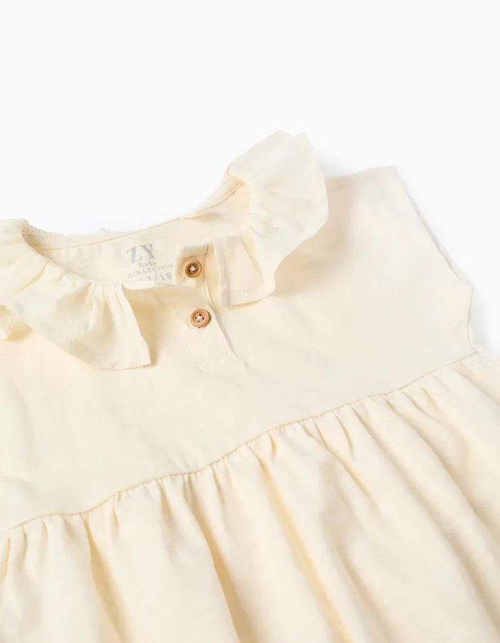 Cotton T-shirt with ruffled collar for baby girls, light beige