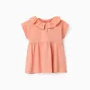 Cotton T-shirt with ruffled collar for baby girls, salmon orange