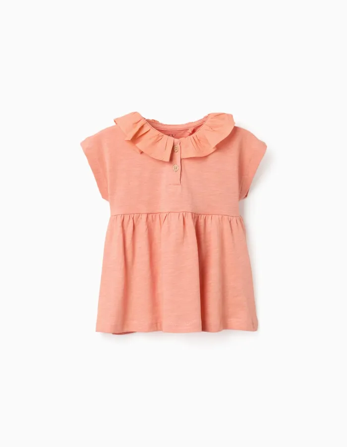 Cotton T-shirt with ruffled collar for baby girls, salmon orange