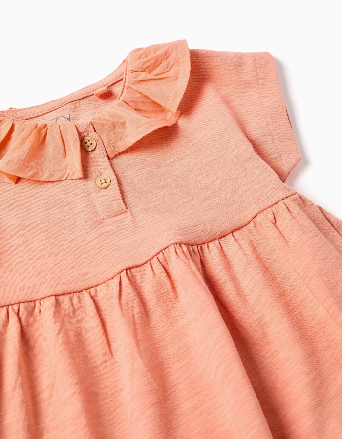 Cotton T-shirt with ruffled collar for baby girls, salmon orange