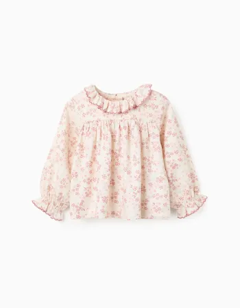Long sleeve floral blouse with ruffles for baby girls, light beige/pink