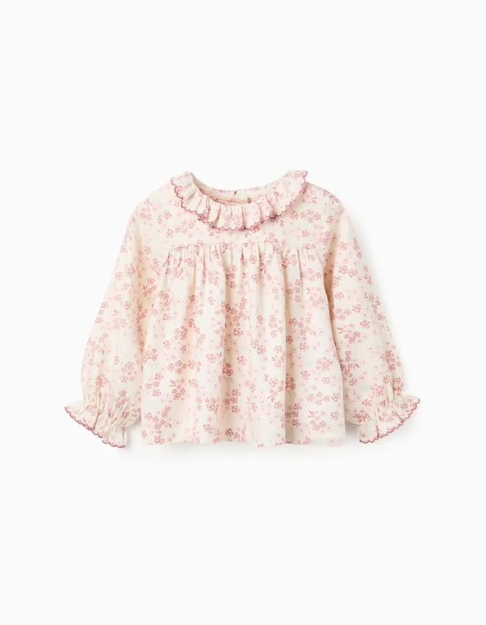 Long sleeve floral blouse with ruffles for baby girls, light beige/pink