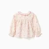 Long sleeve floral blouse with ruffles for baby girls, light beige/pink