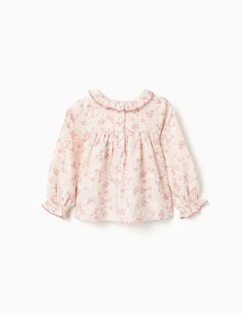 Long sleeve floral blouse with ruffles for baby girls, light beige/pink