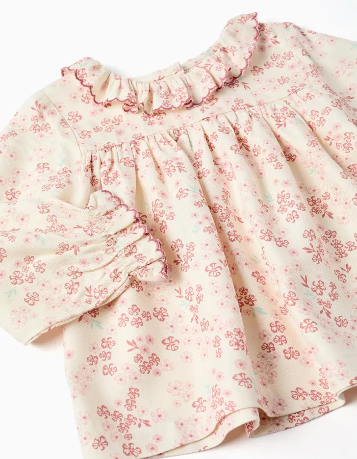 Long sleeve floral blouse with ruffles for baby girls, light beige/pink