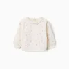 Cotton sweatshirt with flowers and broderie anglaise for baby girls, white
