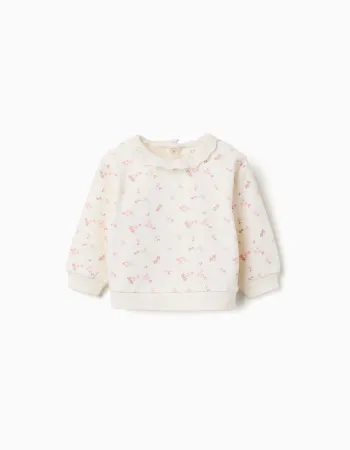 Cotton sweatshirt with flowers and broderie anglaise for baby girls, white