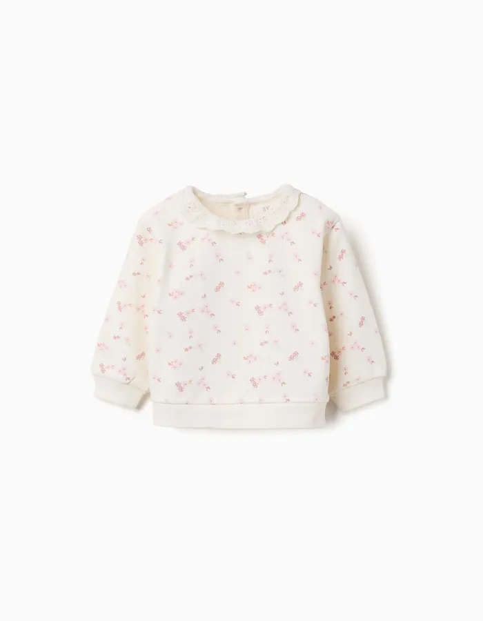 Cotton sweatshirt with flowers and broderie anglaise for baby girls, white