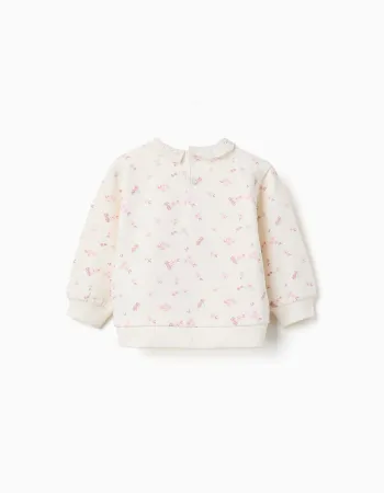 Cotton sweatshirt with flowers and broderie anglaise for baby girls, white