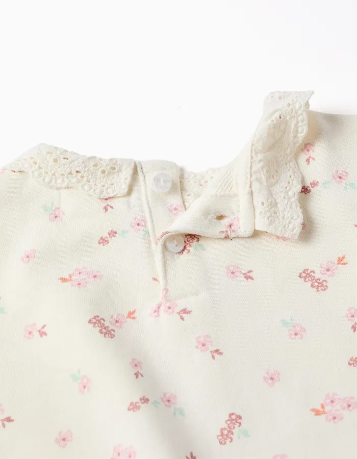 Cotton sweatshirt with flowers and broderie anglaise for baby girls, white