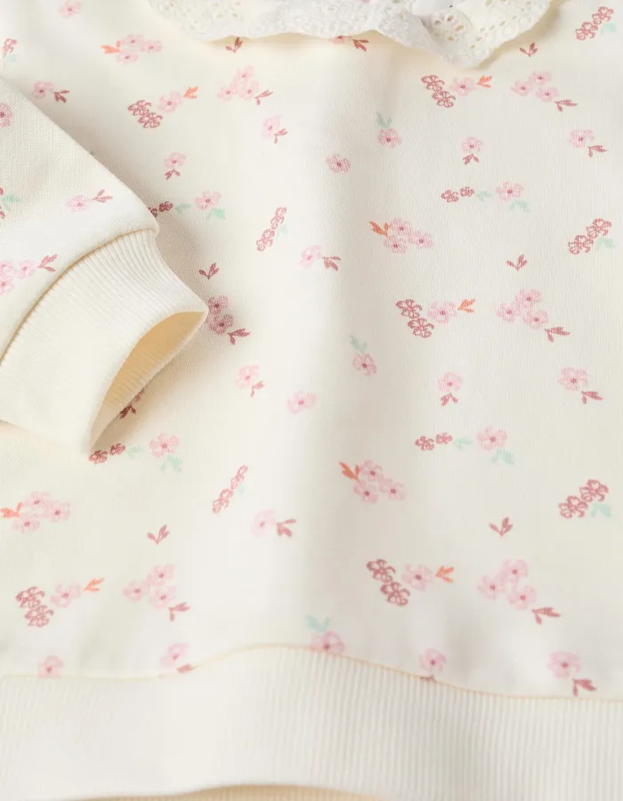 Cotton sweatshirt with flowers and broderie anglaise for baby girls, white