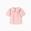 Short sleeve poplin shirt with maxi collar for baby girls, pink