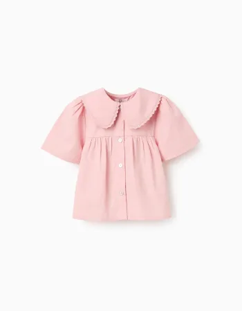 Short sleeve poplin shirt with maxi collar for baby girls, pink