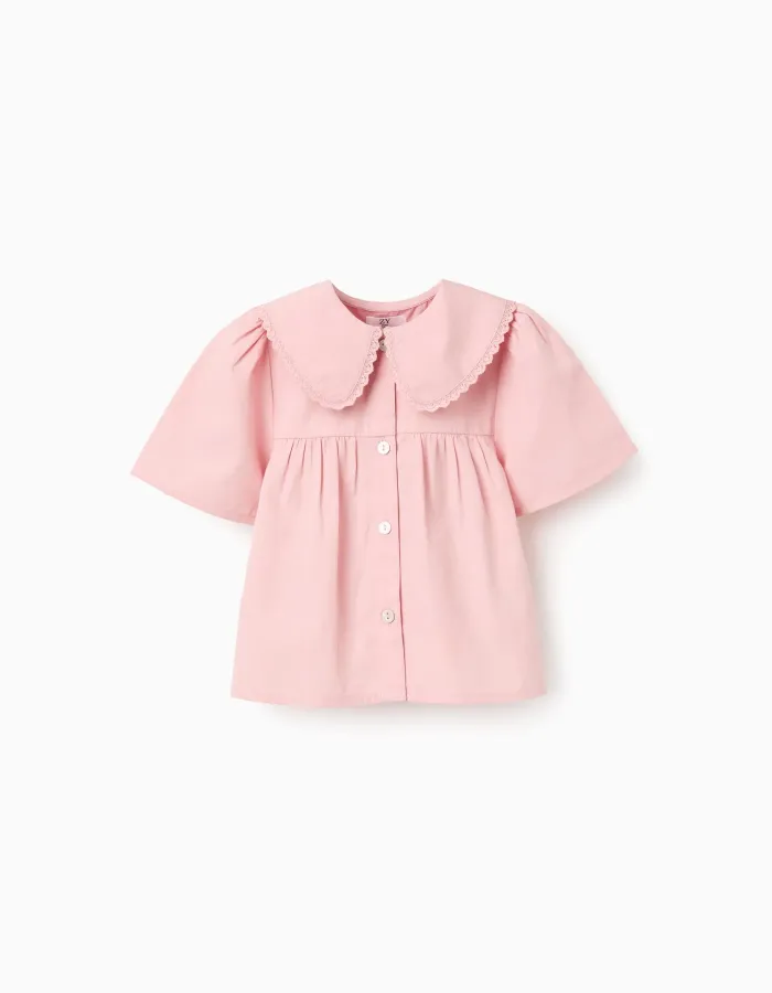 Short sleeve poplin shirt with maxi collar for baby girls, pink