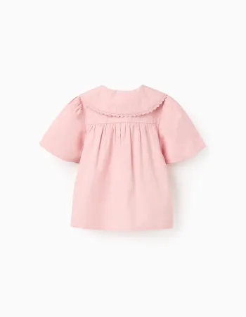 Short sleeve poplin shirt with maxi collar for baby girls, pink
