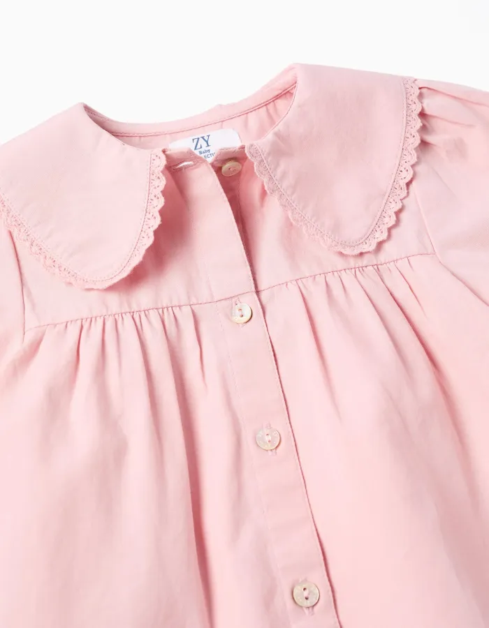 Short sleeve poplin shirt with maxi collar for baby girls, pink