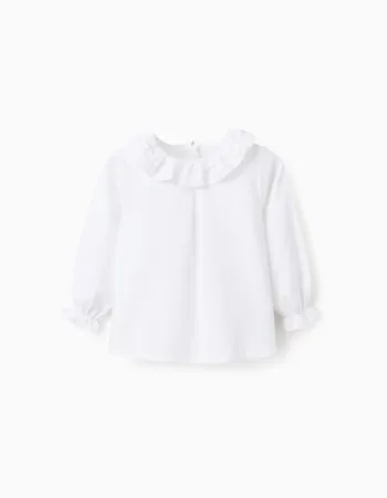 Cotton Twill Blouse with Ruffles for Baby Girls, White