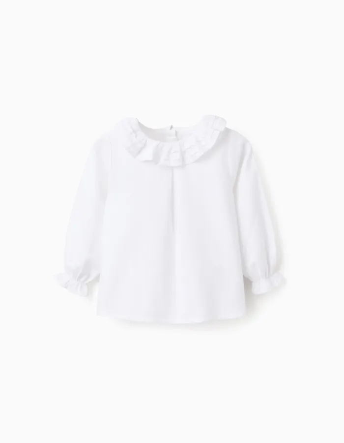 Cotton Twill Blouse with Ruffles for Baby Girls, White