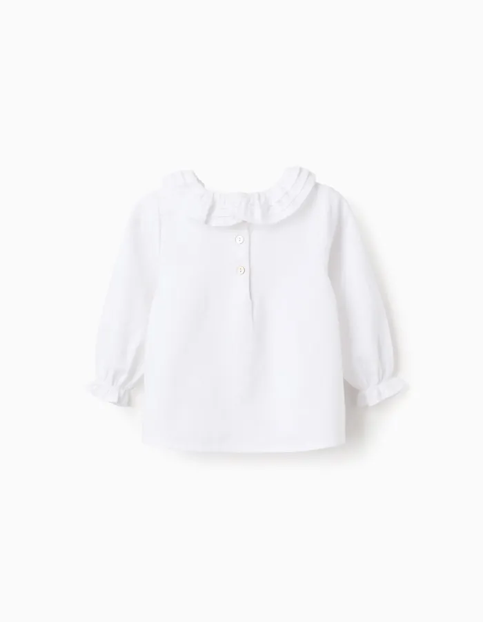 Cotton Twill Blouse with Ruffles for Baby Girls, White