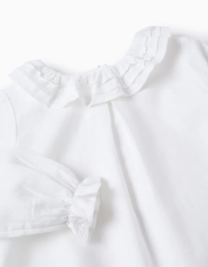Cotton Twill Blouse with Ruffles for Baby Girls, White