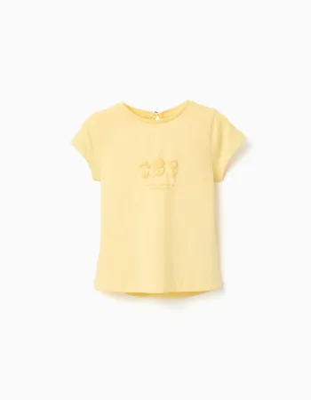 Cotton T-shirt with embossed front print for baby girls, yellow