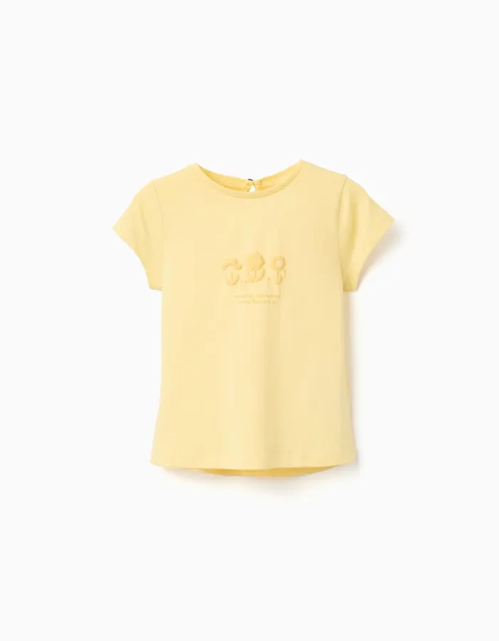 Cotton T-shirt with embossed front print for baby girls, yellow