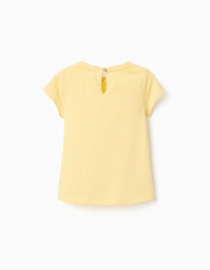 Cotton T-shirt with embossed front print for baby girls, yellow