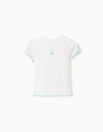 Ribbed T-shirt with wavy ends for baby girls, white/blue