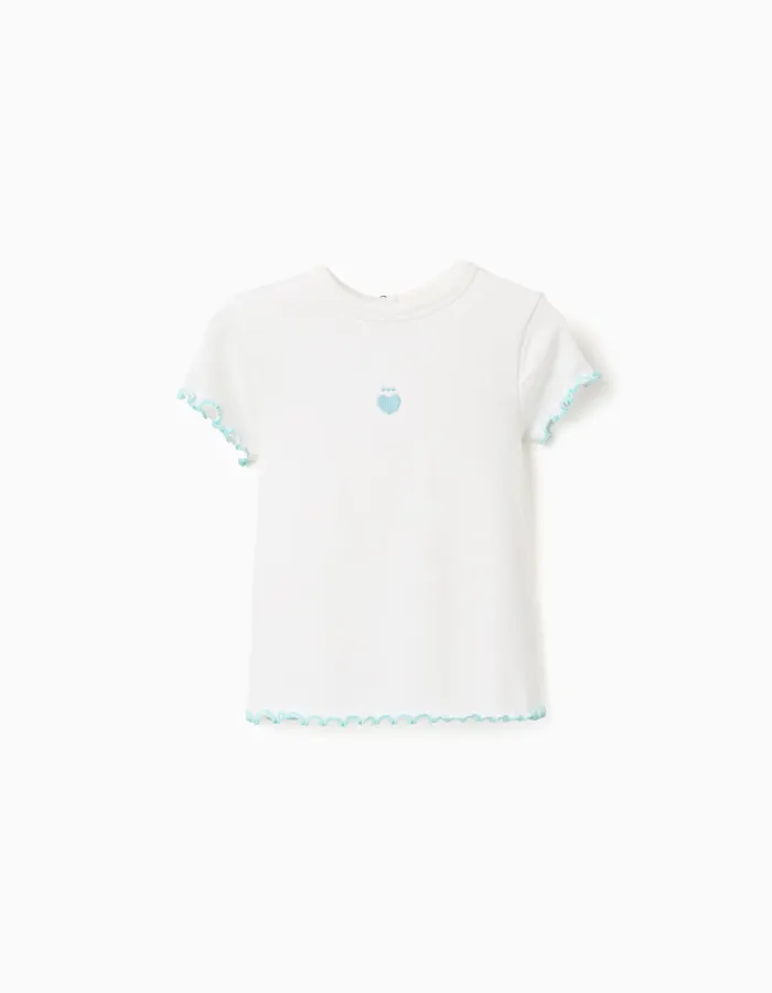 Ribbed T-shirt with wavy ends for baby girls, white/blue