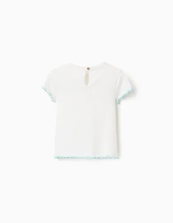 Ribbed T-shirt with wavy ends for baby girls, white/blue