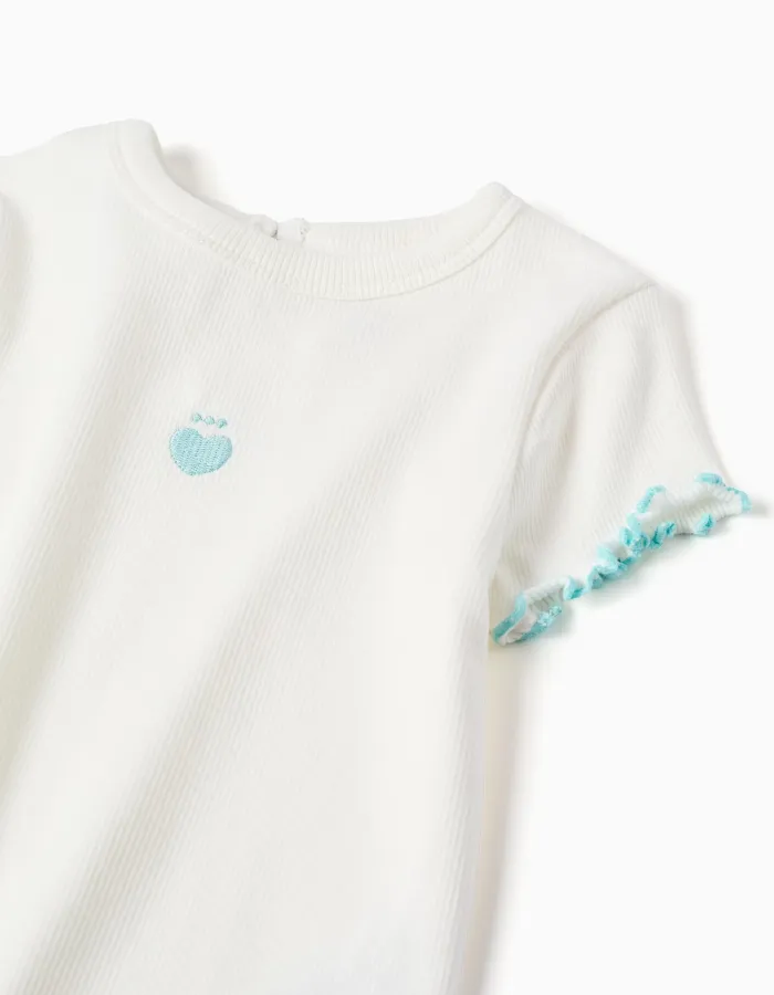 Ribbed T-shirt with wavy ends for baby girls, white/blue