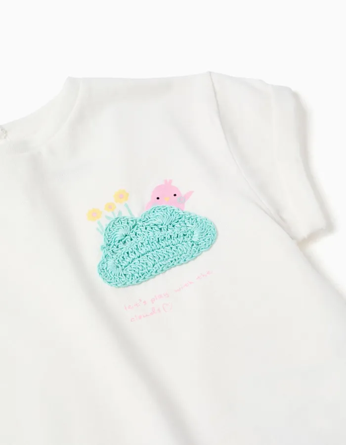 Cotton T-shirt with crochet chest print for baby girls, white