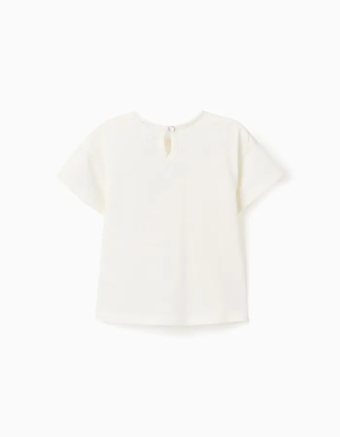 Cotton T-shirt with embroidered pocket for baby girls, white