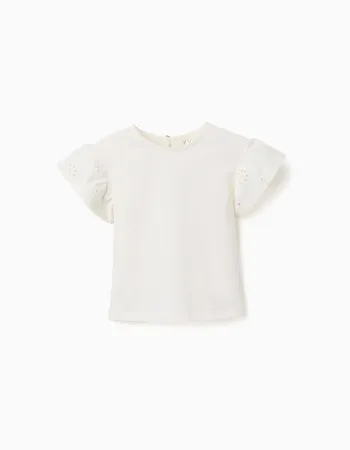 Cotton T-shirt with sleeves in broderie anglaise for baby girls, white