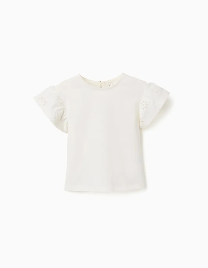 Cotton T-shirt with sleeves in broderie anglaise for baby girls, white