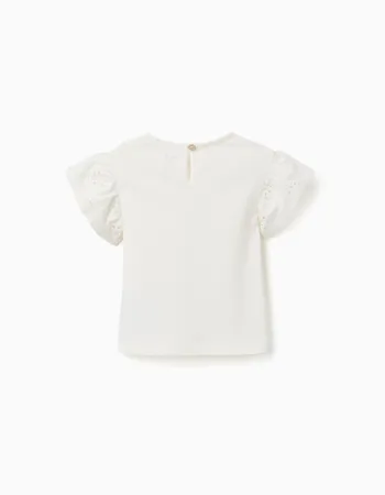 Cotton T-shirt with sleeves in broderie anglaise for baby girls, white