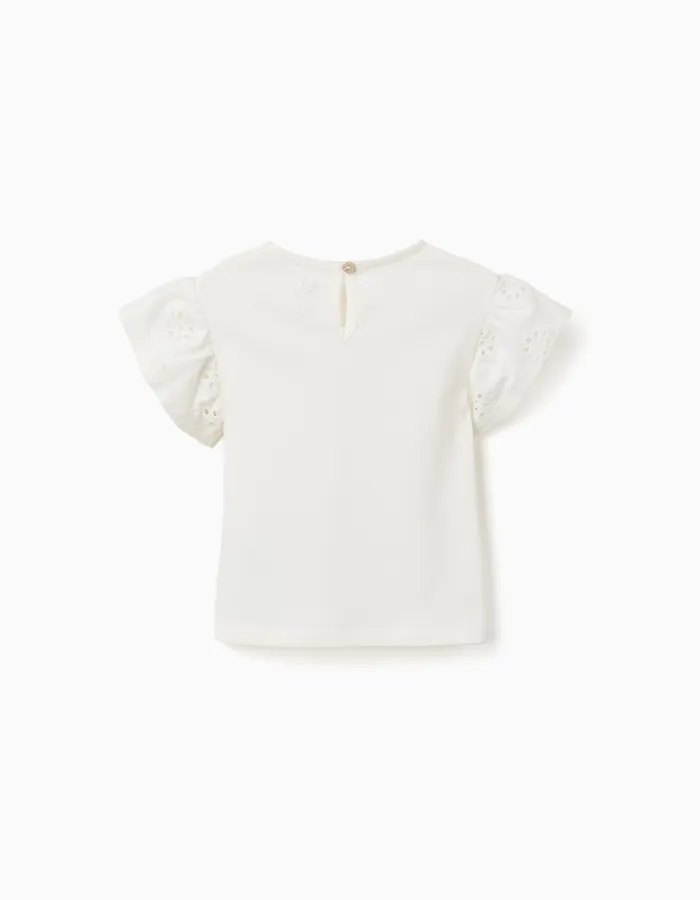Cotton T-shirt with sleeves in broderie anglaise for baby girls, white